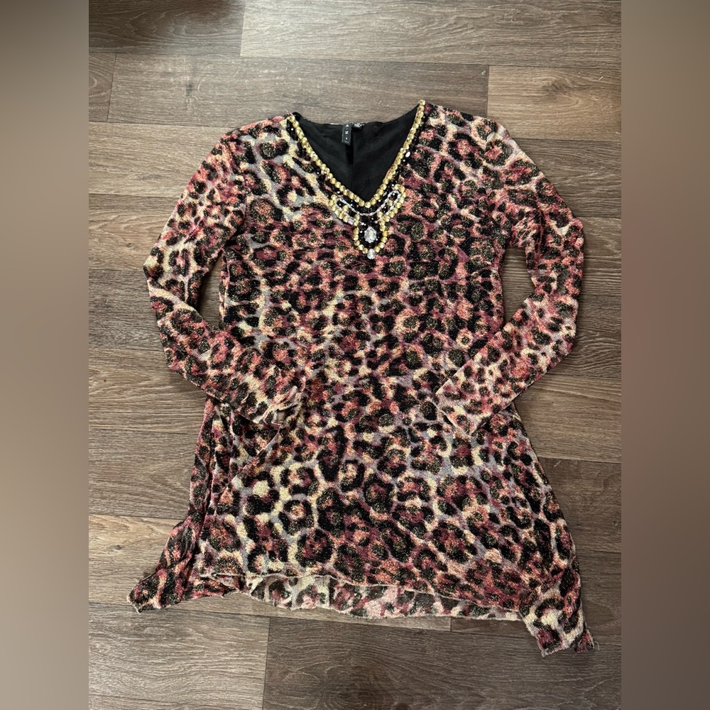 AZI Leopard Print Beaded Shirt Size Medium